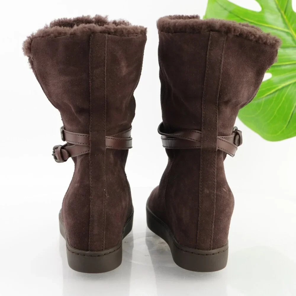 Coach Womens Norell Boots Size 6.5 Brown Suede Hidden Wedge Sherpa Lined Booties